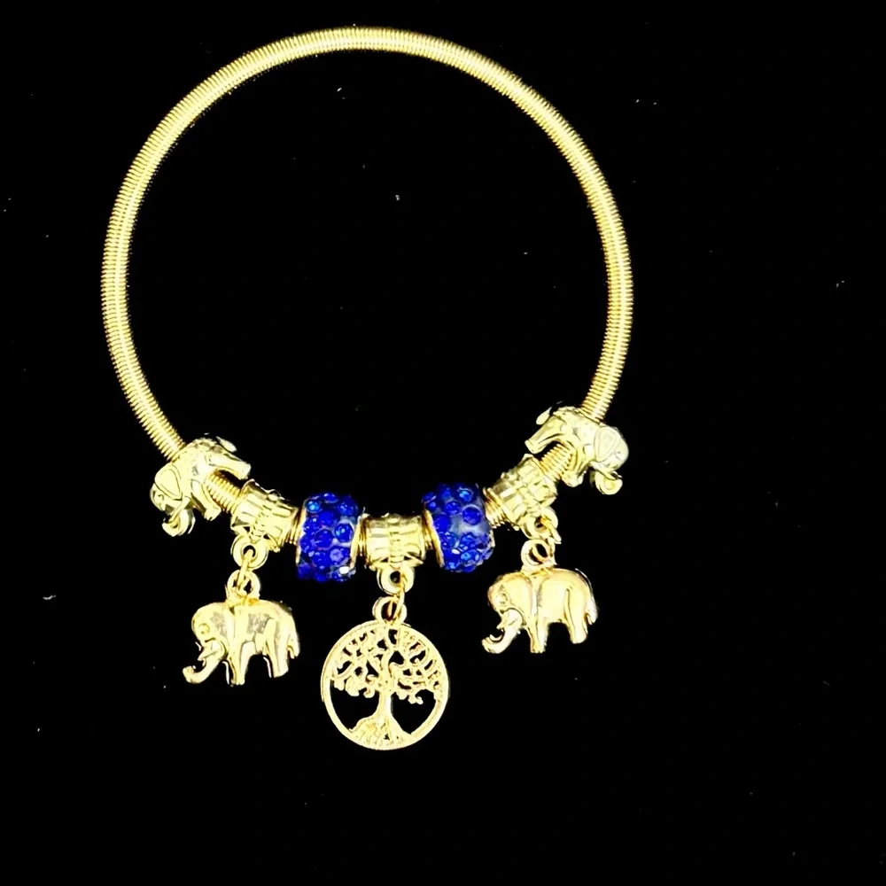 Gold Charm Bangle Bracelet Elephant Tree of Life Blue Rhinestone Beads - Picture 2 of 6
